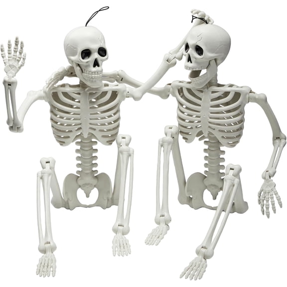 2 PCS 24” Halloween Skeleton Decor, 2 FT Full Body Stayable Posable Skeletons for Halloween, White Human Plastic Bones with Movable Joints for Spooky Indoor Outdoor Decoration, Graveyard Prop