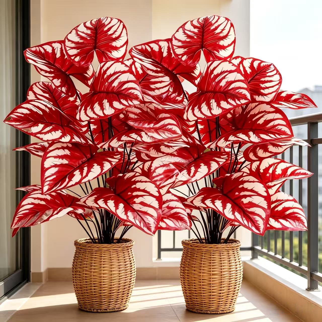 2 PCS 27.5 Inch Artificial Caladium Plants, Faux Red Leaf Caladium, UV Resistant Fake Plants for Indoor Outdoor Home Garden Decor, No Pot Included