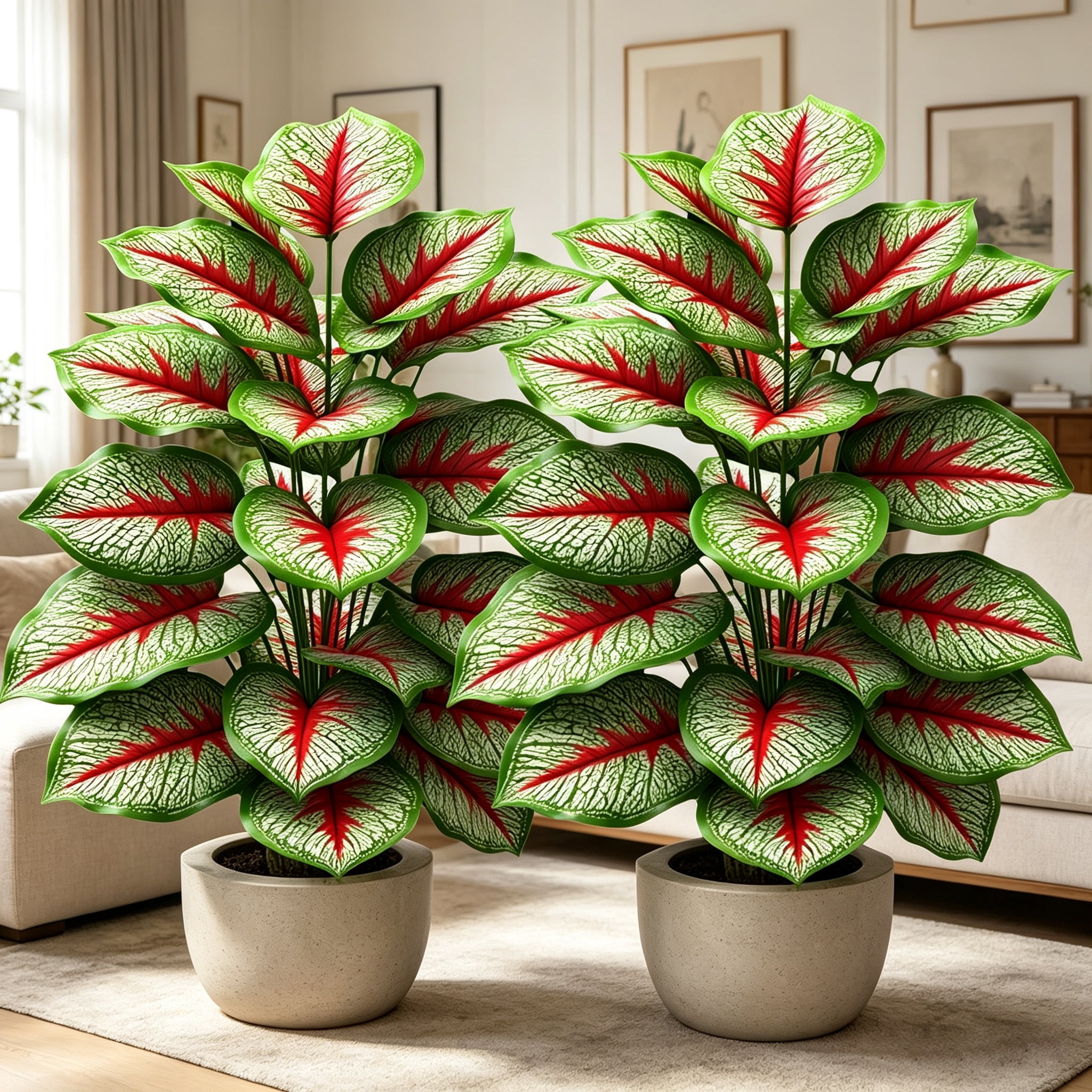 2 PCS 28 Inch Artificial Caladium Plants, 18 Realistic Faux Leaves, No Pot, UV Resistant Fake Tropical Greenery for Indoor Outdoor Home Office Garden Decor