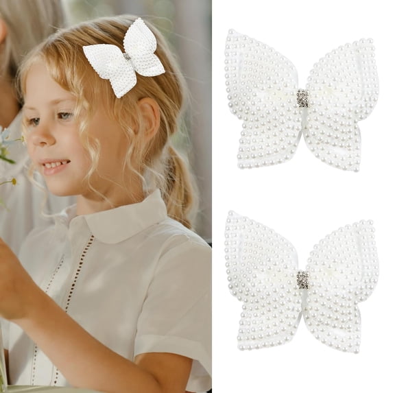 2 PCS 3.5" White Pearl Rhinestone Bow Hair Clips for Women Girls, Cute Pearls Alligator Clip, Back to School Gift, Easy Hair Decor, Beads Hairgrip for Kids Toddlers Teen