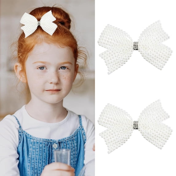 2 PCS 3.5" White Pearl Rhinestone Bow Hair Clips for Women Girls, Cute Pearls Alligator Clip, Back to School Gift, Easy Hair Decor, Beads Hairgrip for Kids Toddlers Teen