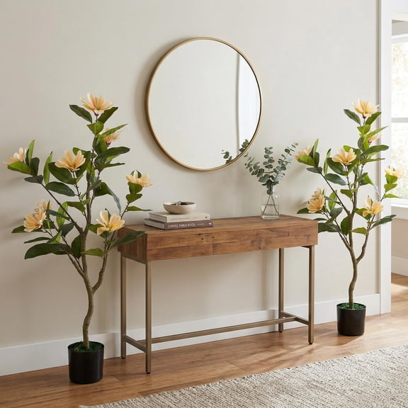 2 PCS 3.7ft Artificial Potted Magnolia Tree, Realistic Foliage Blooming Fake Plant, Decorative Floral Ornament for Living Room Office Porch, Yellow