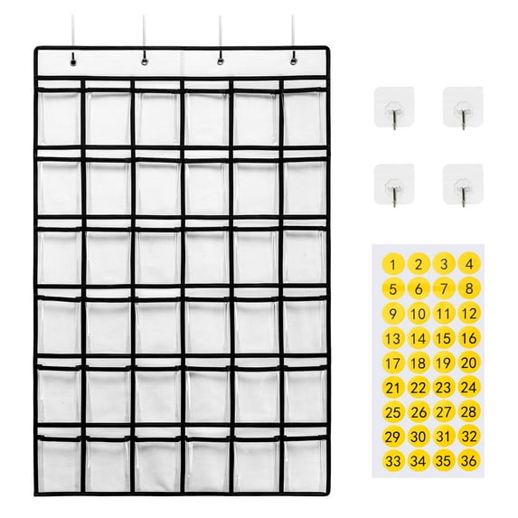 2 PCS Of 36 Pockets Classroom Pocket Chart For Cell Phone Calculator, Clear Pocket Chart Organizer For Classroom With 36 Number Sticker And 2 Types Of Hooks Size:38.5x25.7 Inch (White-2pack)