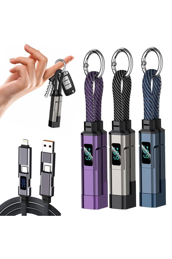 2 PCS 4-In-1 Digital Display Keychain Charging Cable,Short Usb C to Multi Connector Cord,Compact Fast Charge Key Ring for Phones,Tablets,Laptops,Travel