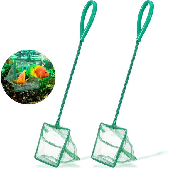 2 PCS 4 Inch Fish Net Aquarium, Green Square Fish Tank Net Fine Mesh Quick Catch Fish Nets Aquarium Fishes Nets with 9.8 Inch Braided Metal Handle for Fishes Tanks Small Ponds and Pools