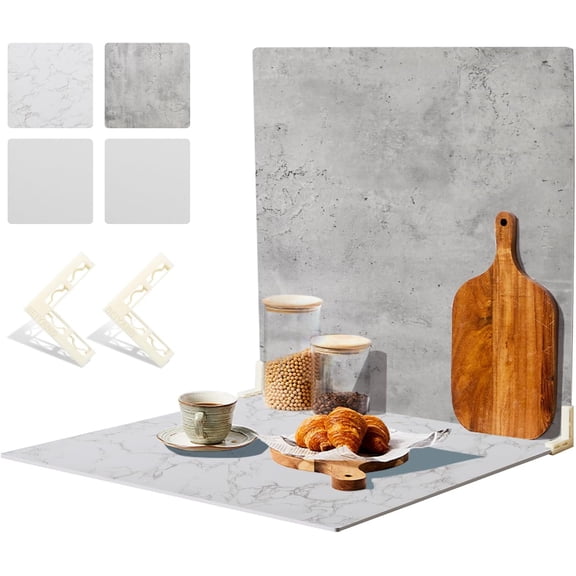 2 PCS 4 Pattern Boards Photo Backdrop for Flat Lay, Food Photography Background 24x24 Inch, (Marble+Light Gray)
