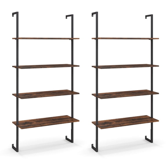 2 PCS 4-Tier Ladder Shelf Industrial Wall Shelf w/ Metal Frame Rustic Brown