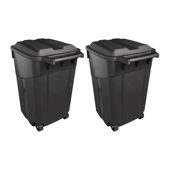 2 PCS 45 Gallon Heavy Duty Plastic Garbage Cans Trash Cans Rubbish Bin Attached Lid 2 Built in Rugged Wheels Easy Grip Handle Click Lock Lid Design Perfect for Both Indoor Or Outdoor Use