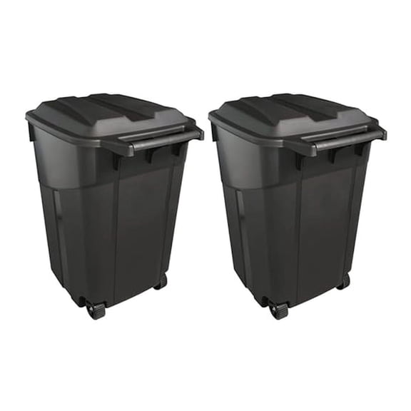 2 PCS 45 Gallon Heavy Duty Plastic Garbage Cans Trash Cans Rubbish Bin Attached Lid 2 Built in Rugged Wheels Easy Grip Handle Click Lock Lid Design Perfect for Both Indoor Or Outdoor Use