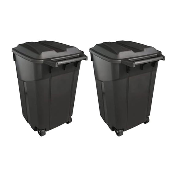 2 PCS 45 Gallon Heavy Duty Plastic Garbage Cans Trash Cans Rubbish Bin Attached Lid 2 Built in Rugged Wheels Easy Grip Handle Click Lock Lid Design Perfect for Both Indoor Or Outdoor Use