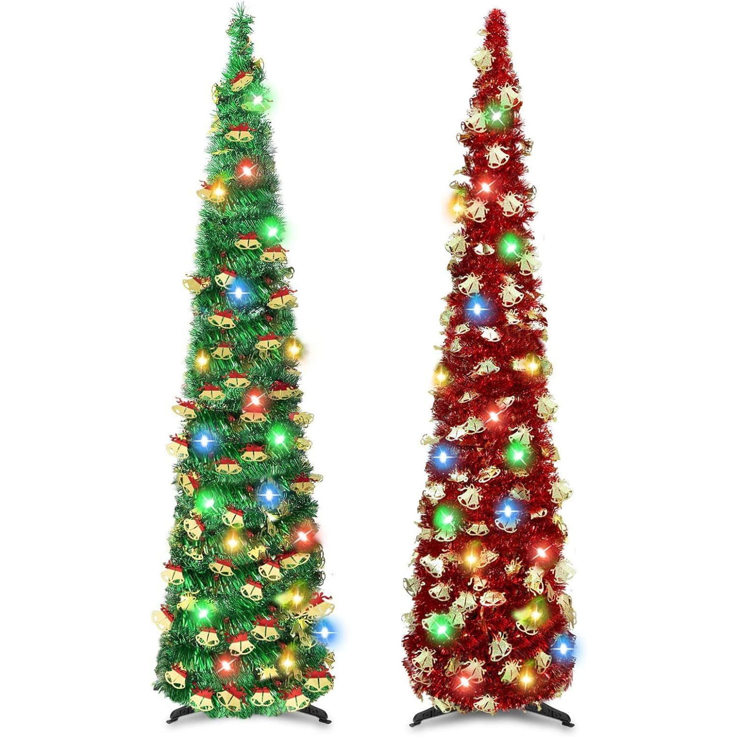 2 PCS 5 FT Pencil Christmas Tree with 50 Colorful Lights, Xmas Tree for