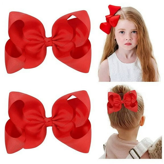 2 PCS 6" Big Hair Bows for Girls Alligator Clips Grosgrain Ribbon Solid Color Hair Accessories for Little Teen Toddler Girls Kids-Red