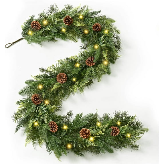 2 PCS 6FT Christmas Garland with Lights, Realistic Cedar Garland with Pinecone Real Touch Norfolk Pine Garlands, Prelit Lighted Cypress Garlands for Mantle Table Stairs Winter Indoor Outdoor Decor