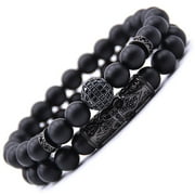 HESHPAWS 2 PCS 8mm Black Matte Beads Obsibian Black Onyx Stone Bracelets Sets Charm Football Elastic Natural Stone Yoga Bracelet for Women Men Jewelry