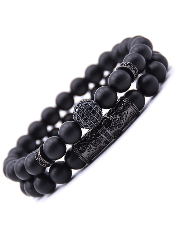 2 PCS 8mm Black Matte Beads Obsibian Black Onyx Stone Bracelets Sets Charm Football Elastic Natural Stone Yoga Bracelet for Women Men Jewelry