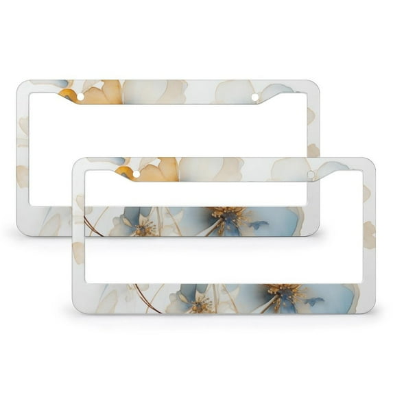 2 PCS A Painting of Flowers License Plate Frame Brown Cream Grey Teal Flower Auto Car Accessories Tag Metal 2 Holes for Women Men US Vehicles