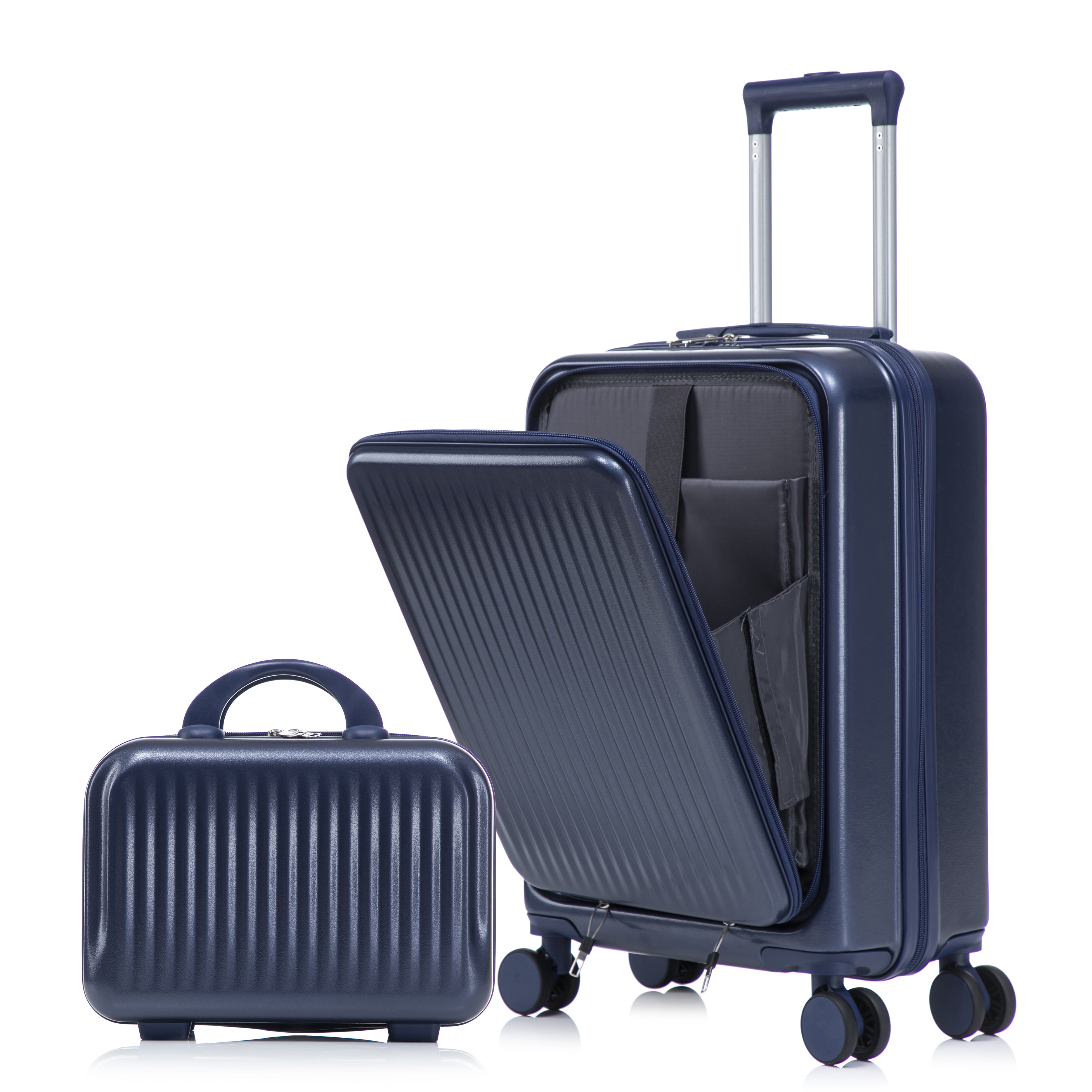 2 PCS ABS Luggage Set, 20" Suitcase + 14" Cosmetic Case, Front Opening Design, 360° Silent Spinner Wheels, Combination Lock, Waterproof Travel Luggage with Telescopic Handle