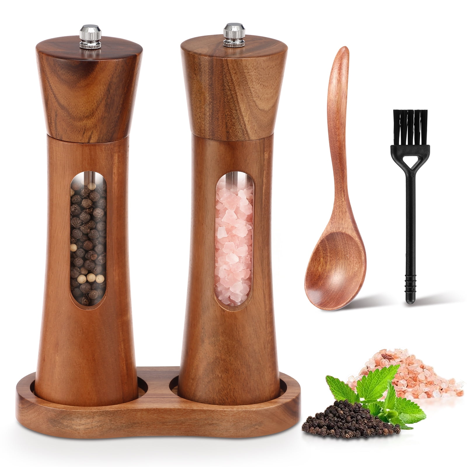 2 PCS Acacia Wooden Salt and Pepper Grinder Set 7.87 Inch Refillable Salt and Pepper Shakers with Clear View Window Ceramic Grinder, Adjustable Coarseness Tray + Cleaning Brush + Wooden Spoon