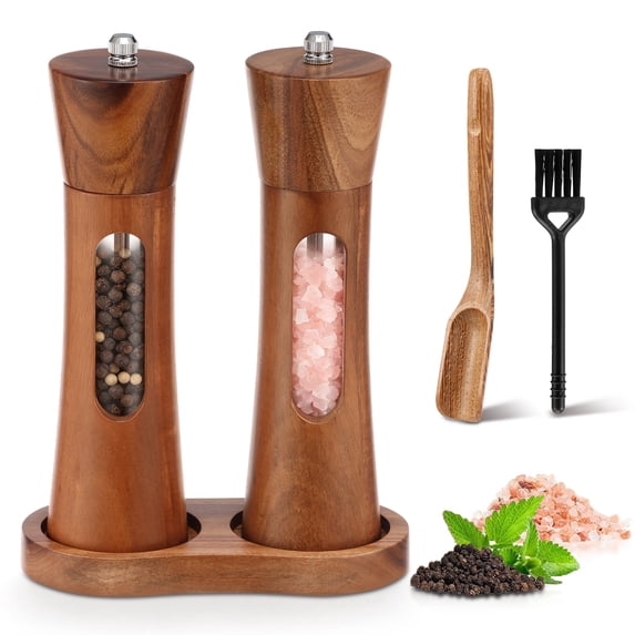 2 PCS Acacia Wooden Salt and Pepper Grinder Set 7.87 Inch Refillable Salt and Pepper Shakers with Clear View Window Ceramic Grinder, Adjustable Coarseness Tray + Cleaning Brush + Wooden Spoon