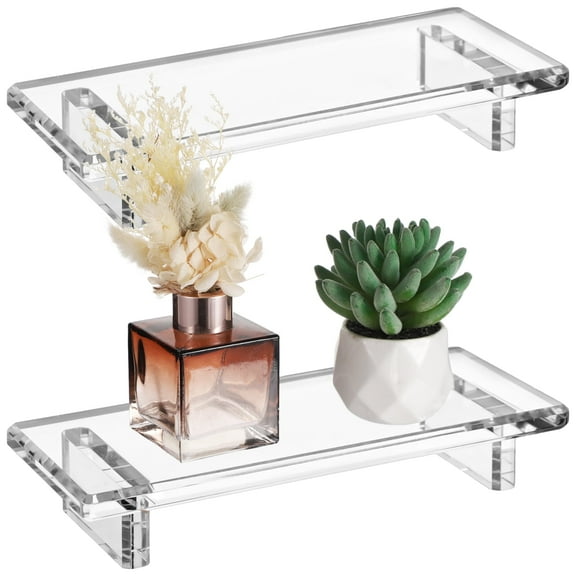 2 PCS Acrylic Bathroom Counter Tray Stand, Countertop Display Stand for Vanity, Candle, Plant, Rounded Edge Clear Shelf with Anti-Slip Pads for Kitchen Bedroom Office