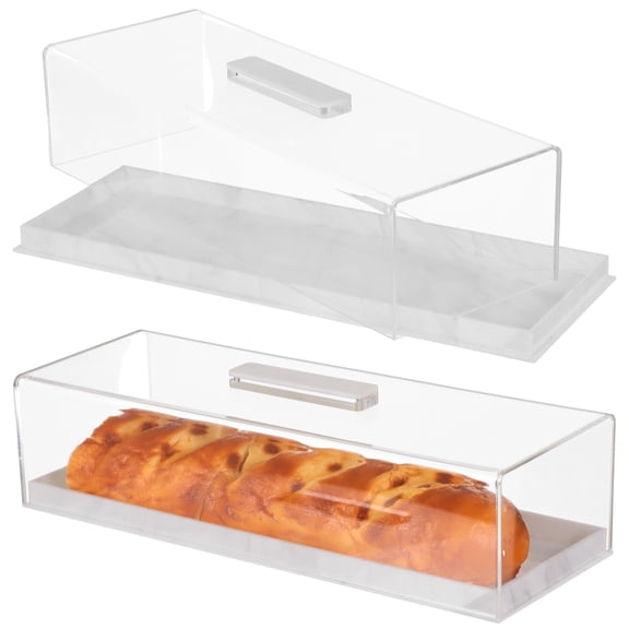 2 PCS Acrylic Rectangular Serving Tray with Lid, Clear Bread Holder with Marble-Pattern Plastic Base, Food Container for Cupcake, Cheese, Snack, Fruit Platter, Party and Buffet Table