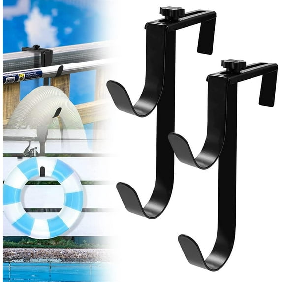 2 PCS Adjustable Double Pool Pole Hooks, Black Heavy Duty Rustproof Fence Double Hooks for Pool Equipment, Pool Tool Hooks for Pool Hose Pool Skimmer Accessories (2 Pcs)