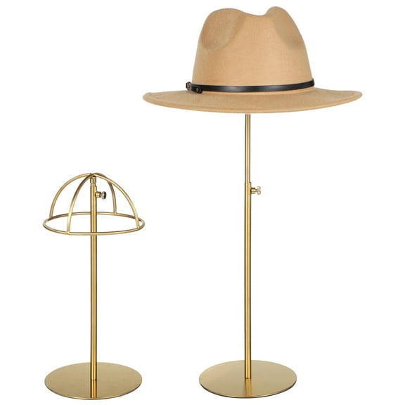 2-Pack Adjustable Hat Display Stands, Golden Stainless Steel Wig Cap Holder with Weighted Non-Slip Base for Hats, Helmets, Retail Display