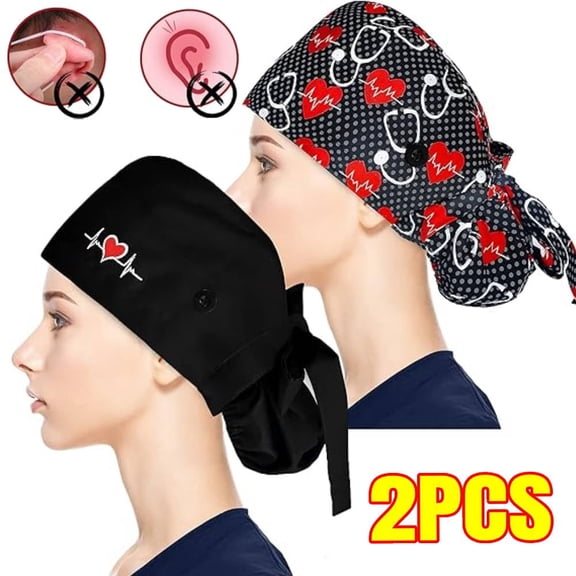 2 PCS Adjustable Working Caps with Button & Sweatband, Women Ponytail Pouch Hats, Long Hair