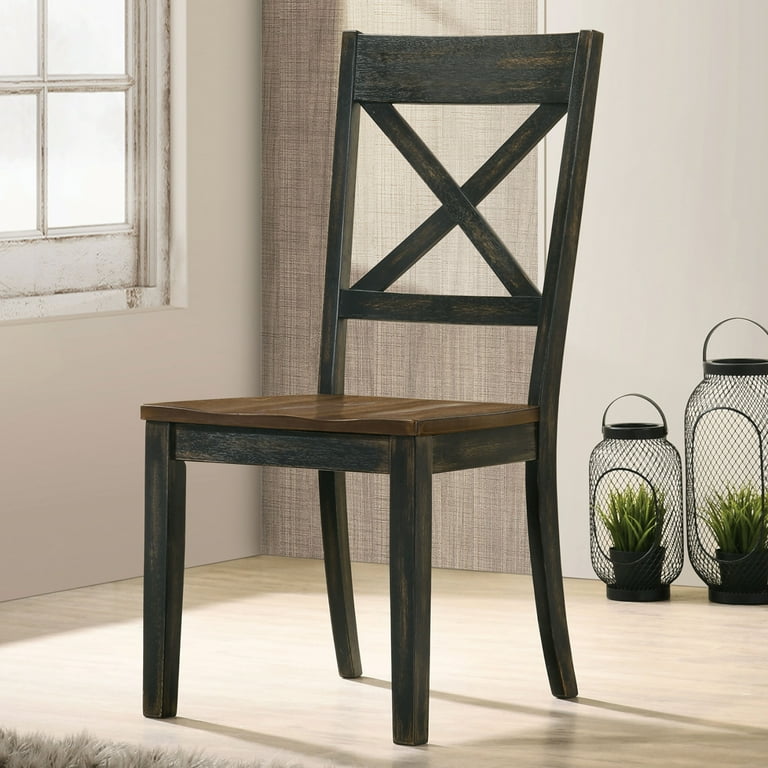 PCS Antique Oak Dining Chairs with Black Two-Tone X-shaped back - Main Image