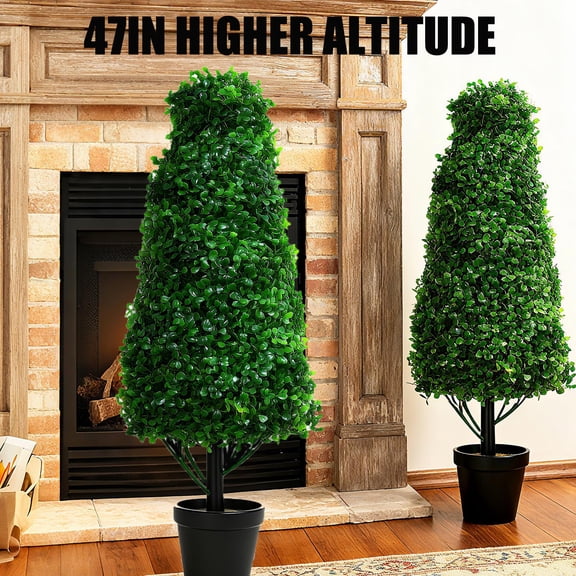 2 PCS Artificial Boxwood Topiary Tree,  4ft/47in All-Year Green Fake Cone Tree,  Artificial Boxwood Trees for Decor