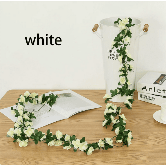 2 PCS Artificial Flower Vine Fake Rose Faux Hanging Flower Garland for Wedding Arch Backdrops Home Decor, 69 Roses Gemaluanit White