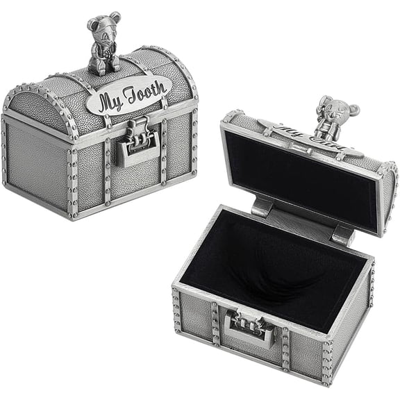 2 PCS Baby Tooth Curl Treasure Chest Box 1.1x1.8x1.9 Gray Bear Tooth Holder and Curl Organizer Set with Velvet Inside My First Curl Tooth Bear Keepsake Box for Kids Children Gifts Gray