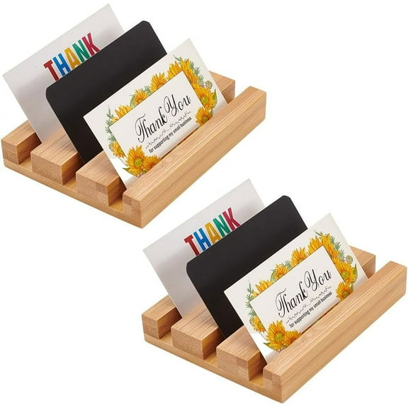2 PCS Bamboo Wood Business Card Stand Moccasin Bamboo Wooden Name Card Holder Rectangle Business Card Holder Visiting Card Holder Stand Business Card Display Holder for Office Desktop Brown