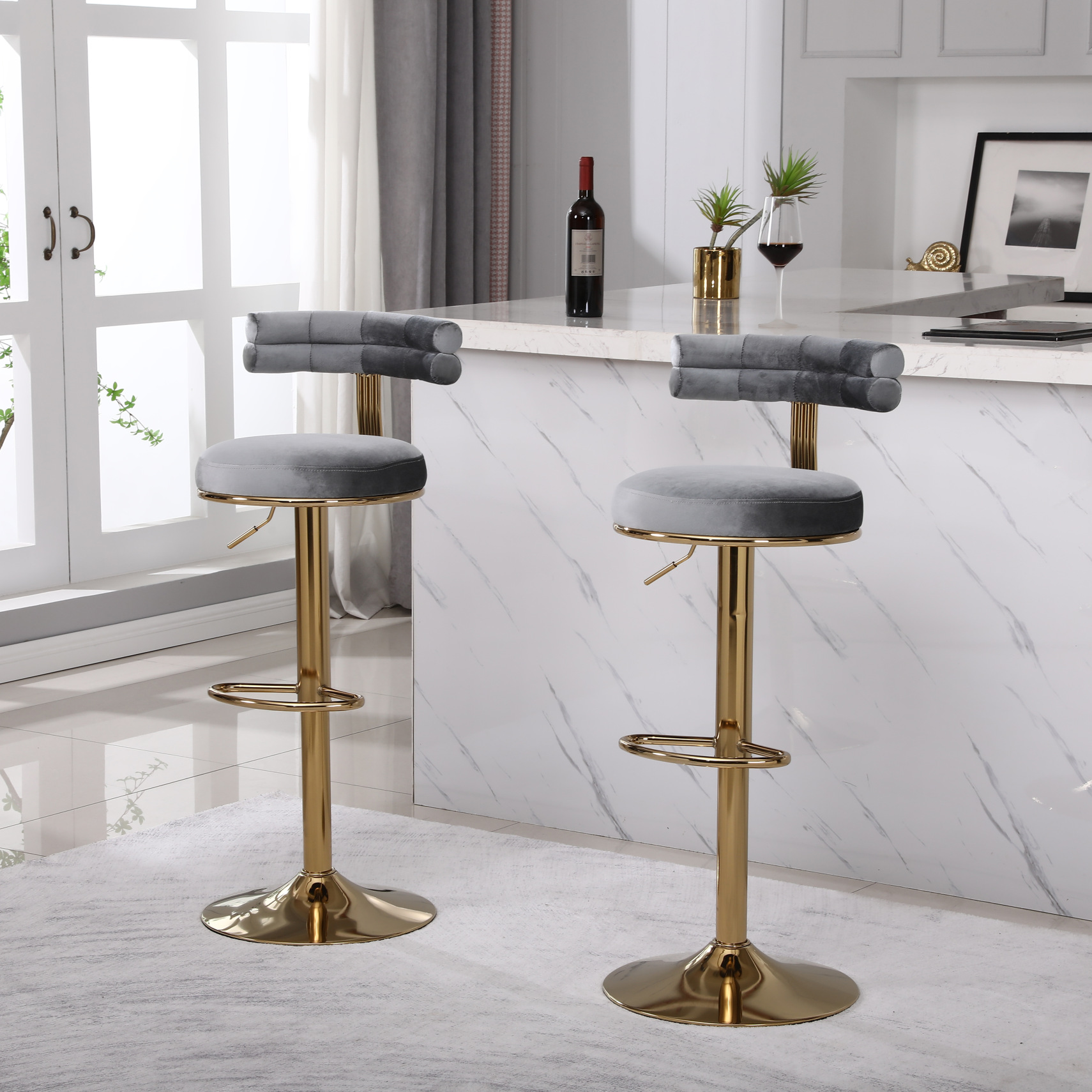 2 PCS Bar Stools with Back and Footrest,Adjustable Retro Style Velvet