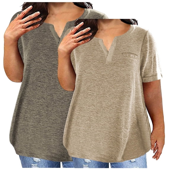 2 PCS Basic T Shirts Womens Plus Size Clothing for Women Short Sleeve Oversized Baggy Tops Tees with Pockets Beige/Gray, XL