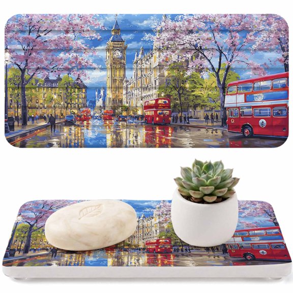 2 PCS Big Ben Water Absorbent Diatomite Coasters Spring Cherry Blossoms Red Bus Impressionist Non-silp Diatomite Stone Sink Tray with Grooved Design for Bathroom Kitchen Counter 8.3x4in
