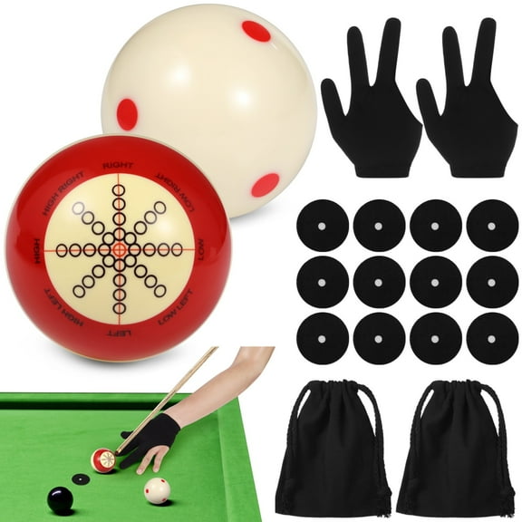 2 PCS Billiards Cue Balls, 2-1/4 in Pool Cue Practice Training Set, Pool Table Accessories Kit for Beginners Pros, Includes 3-Finger Gloves, Stickers, Carry Bags