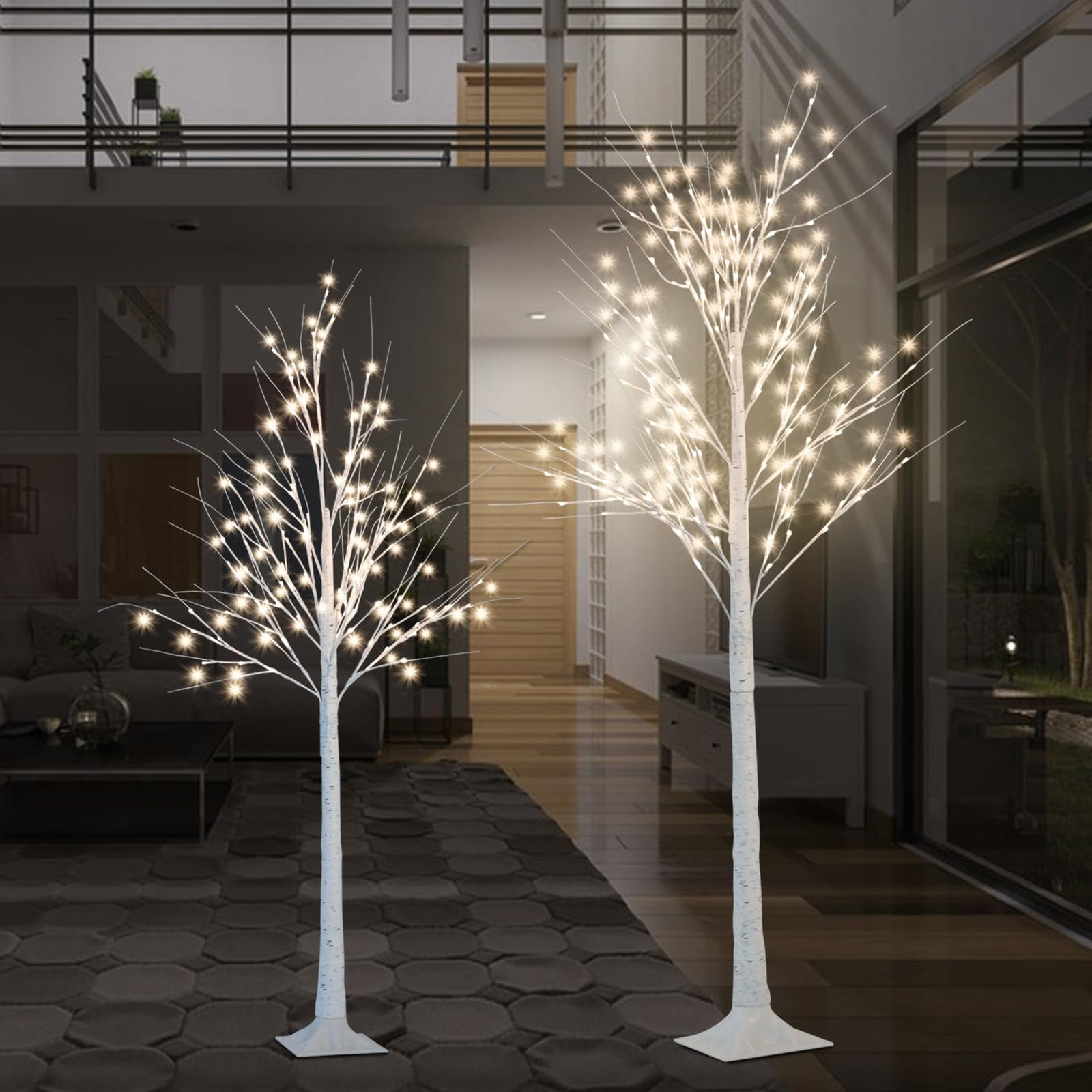 2 PCS Birch Tree with Led Lights (6 FT + 7 FT), Artificial Birch Tree
