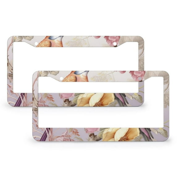 2 PCS Birds And Flowers License Plate Frame Spring Vintage Bird And Flower Pattern Auto Decorative Frames Cars Protector Cover Holder Metal 2 Round Holes Car Accessories US Canada Standard