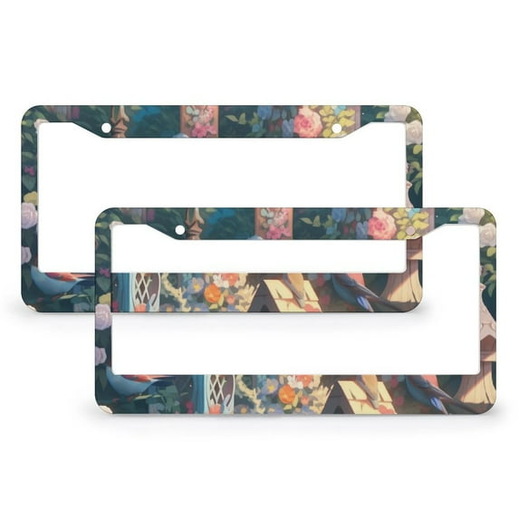 2 PCS Birdshouses in A Colorful Garden License Plate Frame Spring Bird Flower Car Front License Plate Frame Stainless Aluminum 2 Holes for US And CA