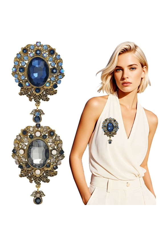 2 PCS Black & Blue,Vintage Teardrop Diamond Brooches Pins for Men Women, Large Crystal Flower Badge Brooches Lape Pin Scarf Clips for Clothes Dress Hat Bag Party Decoration.