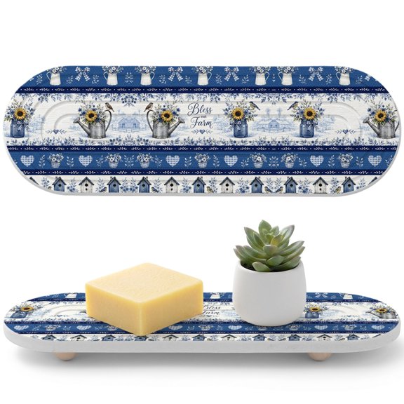 2 PCS Bless Our Farm Water Absorbent Diatomite Coasters Blue Country Farmhouse Sunflowers Birds Leaf Stripe Non-silp Diatomite Stone Sink Tray with Grooved Design for Bathroom Kitchen Counter 12x4in