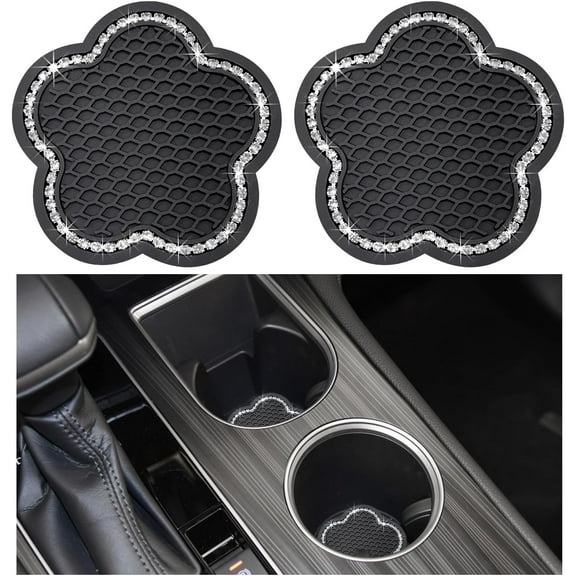 2 PCS Bling Car Cup Holder Coaster, 2.75 Inch Anti-Slip Rhinestone Auto Insert Cup Coaster, Universal Vehicle Cute Plum Blossom Crystal Drink Cup Mat for Women Girls (Silver)