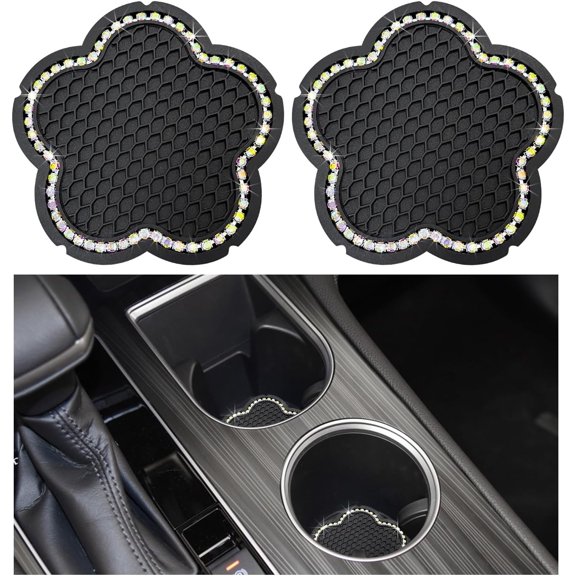 2 PCS Bling Car Cup Holder Coaster, 2.75 Inch Anti-Slip Rhinestone Auto Insert Cup Coaster, Universal Vehicle Cute Plum Blossom Crystal Drink Cup Mat for Women Girls (Black+Colorful)