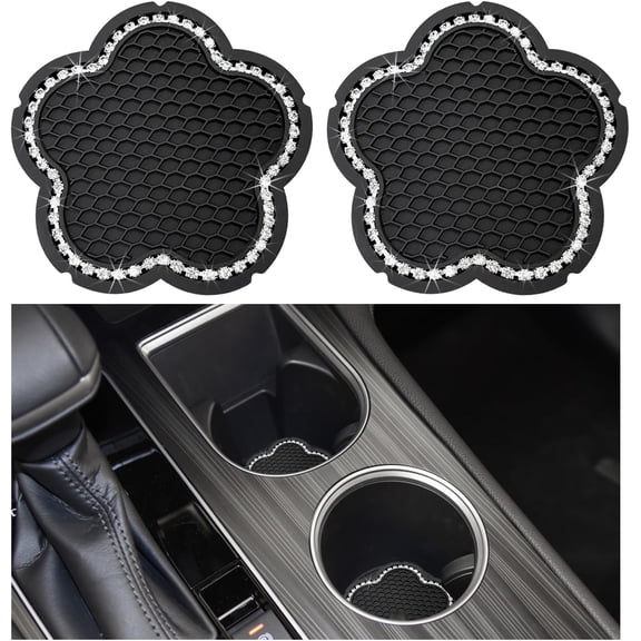2 PCS Bling Car Cup Holder Coaster, 2.75 Inch Anti-Slip Rhinestone Auto Insert Cup Coaster, Universal Vehicle Cute Plum Blossom Crystal Drink Cup Mat for Women Girls (Black+White)