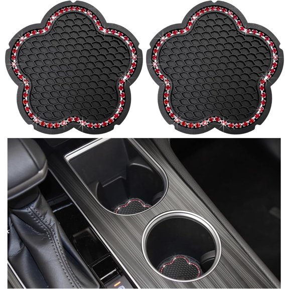 2 PCS Bling Car Cup Holder Coaster, 2.75 Inch Anti-Slip Rhinestone Auto Insert Cup Coaster, Universal Vehicle Cute Plum Blossom Crystal Drink Cup Mat for Women Girls (Black+Red)
