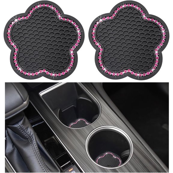 2 PCS Bling Car Cup Holder Coaster, 2.75 Inch Anti-Slip Rhinestone Auto Insert Cup Coaster, Universal Vehicle Cute Plum Blossom Crystal Drink Cup Mat for Women Girls (Pink)