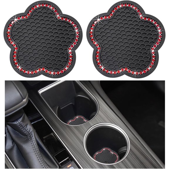 2 PCS Bling Car Cup Holder Coaster, 2.75 Inch Anti-Slip Rhinestone Auto Insert Cup Coaster, Universal Vehicle Cute Plum Blossom Crystal Drink Cup Mat for Women Girls (Red)