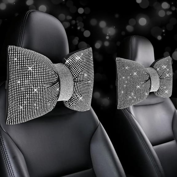 2 PCS Bling Car Pillows, Rhinestones Bowknot Headrest Pillow, Neck Pillow for Driver Cool Relax Necksupport, White Crystal Diamond Accessories Women