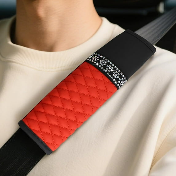 2 PCS Bling Car Seat Belt Cover Pad, Breathable Leather Seat Belt Covers for Cars, Soft Comfortable Seat Belt Shoulder Strap Covers, Rhinestone Auto Seat Belt Protector Cushion, Red